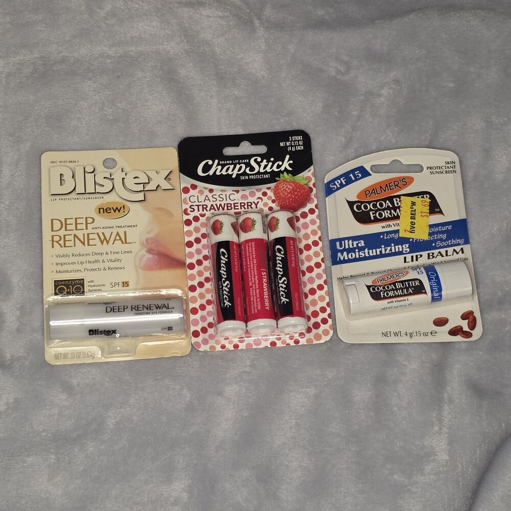 Lip Balm Lot of 3 - ChapStick Strawberry 3pk, Palmer's Cocoa Butter SPF15,...